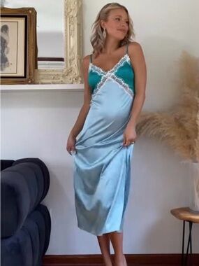 Satin Slip Midi Dress in Teal and Light Blue with Lace Trim